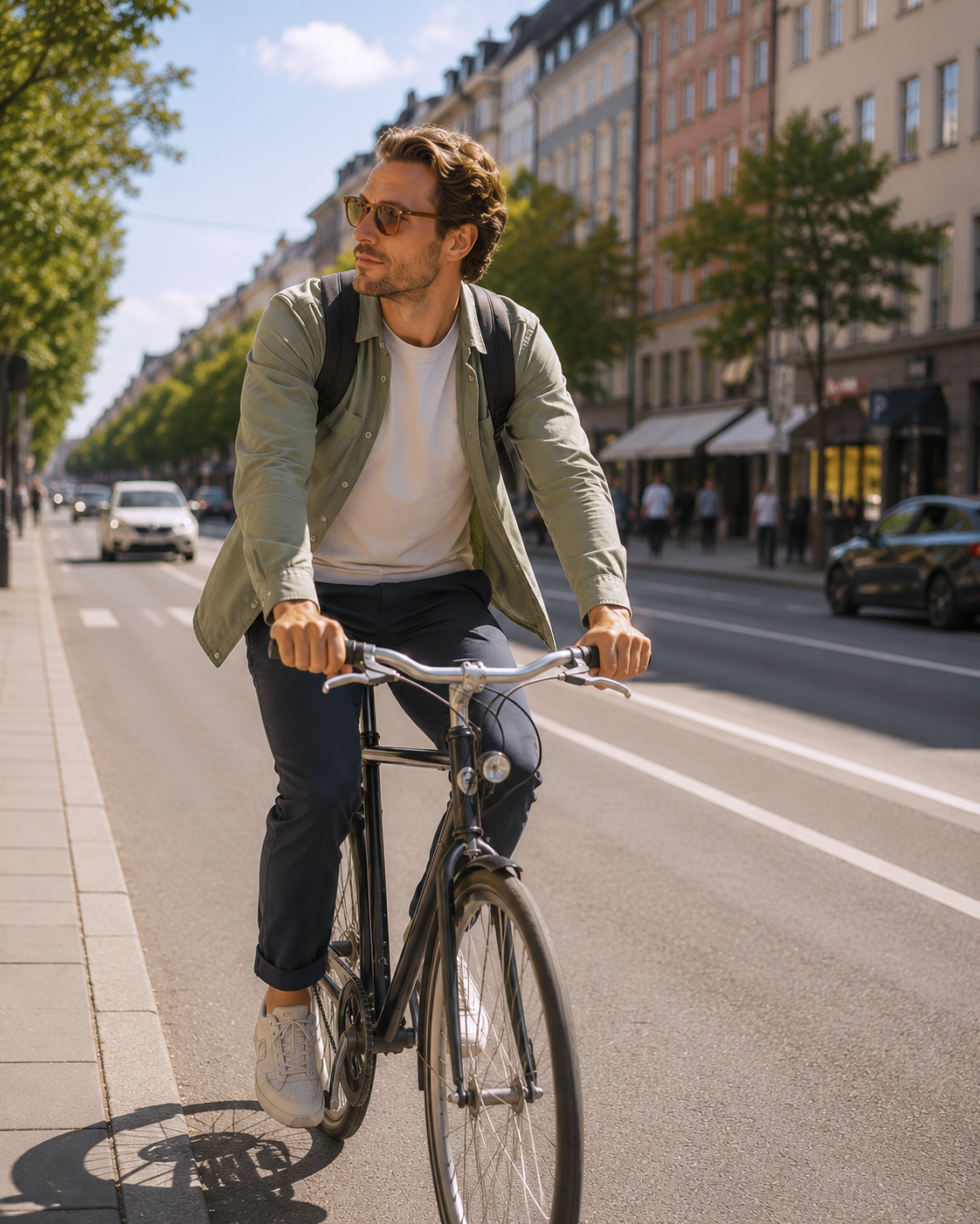 Man cyklar genom stadsgatan